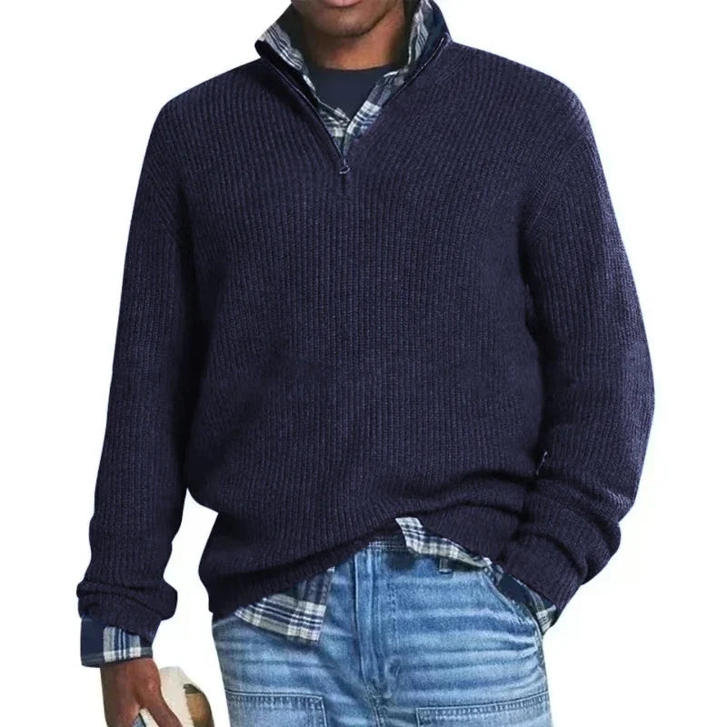 Men's Wool Blend Knit Sweater Casual Long Sleeve Zipper Collar Pullover Sweaters Winter Outdoor Warm Stripes Pullover Jumper