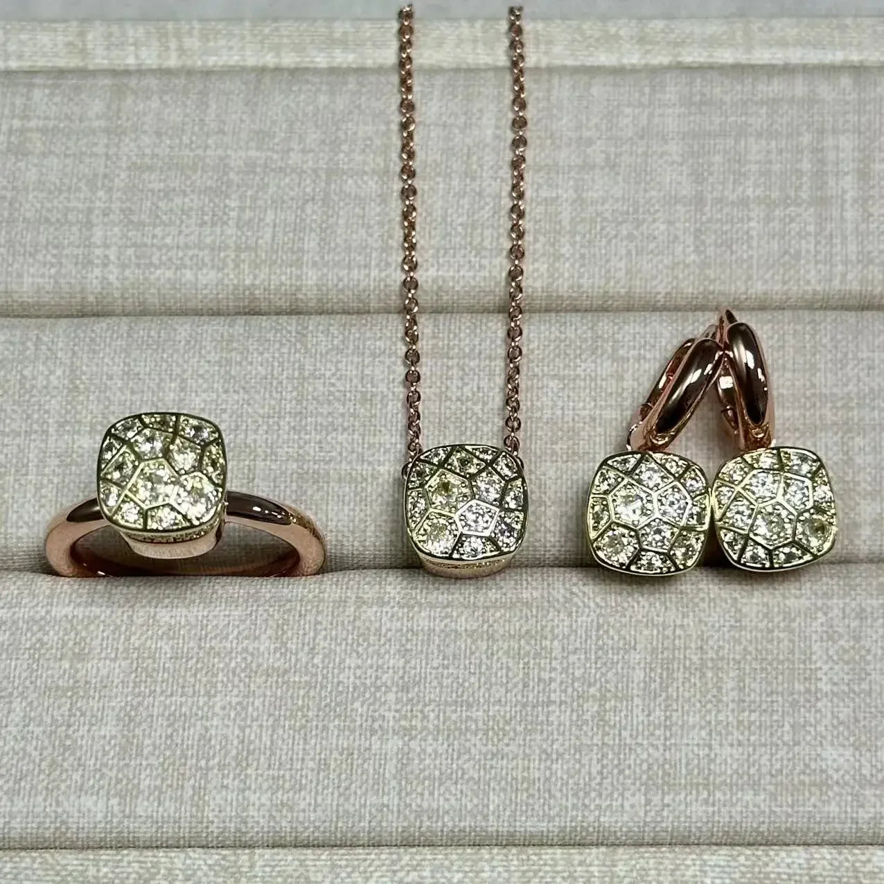 10.6mm Honeycomb Style Jewelry Set For Women Ring Earrings Necklace Rose Gold Candy Crystal Bijoux Gift