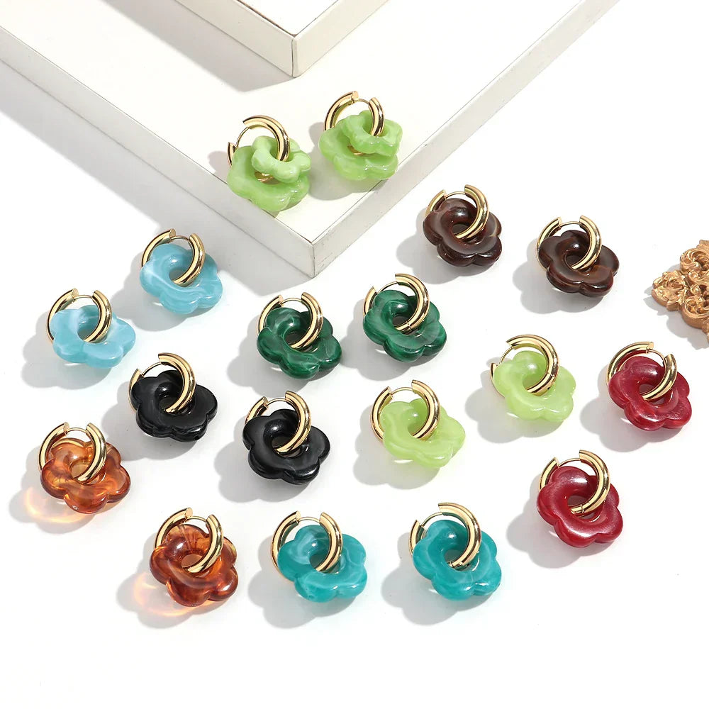 Colorful Flower Resin Acrylic Charms Earring Gold Color Circle Ear Buckle Hoop Earrings Fashion Jewelry for Women