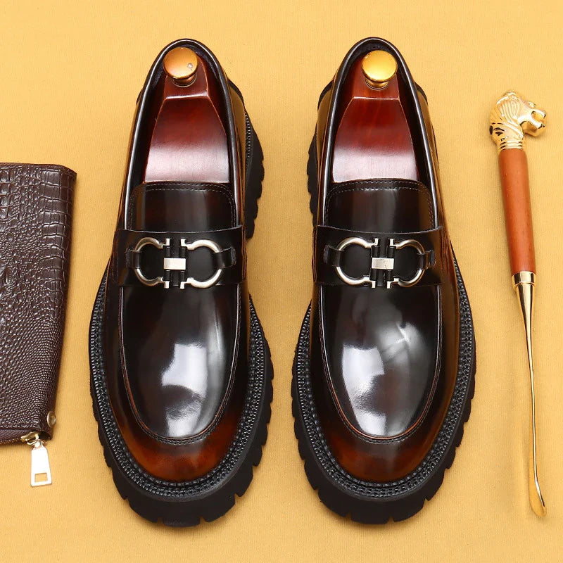cow leather British loafers men glossy leather business casual Heightenin shoes non slip tire soles dress shoes Round toe shoes