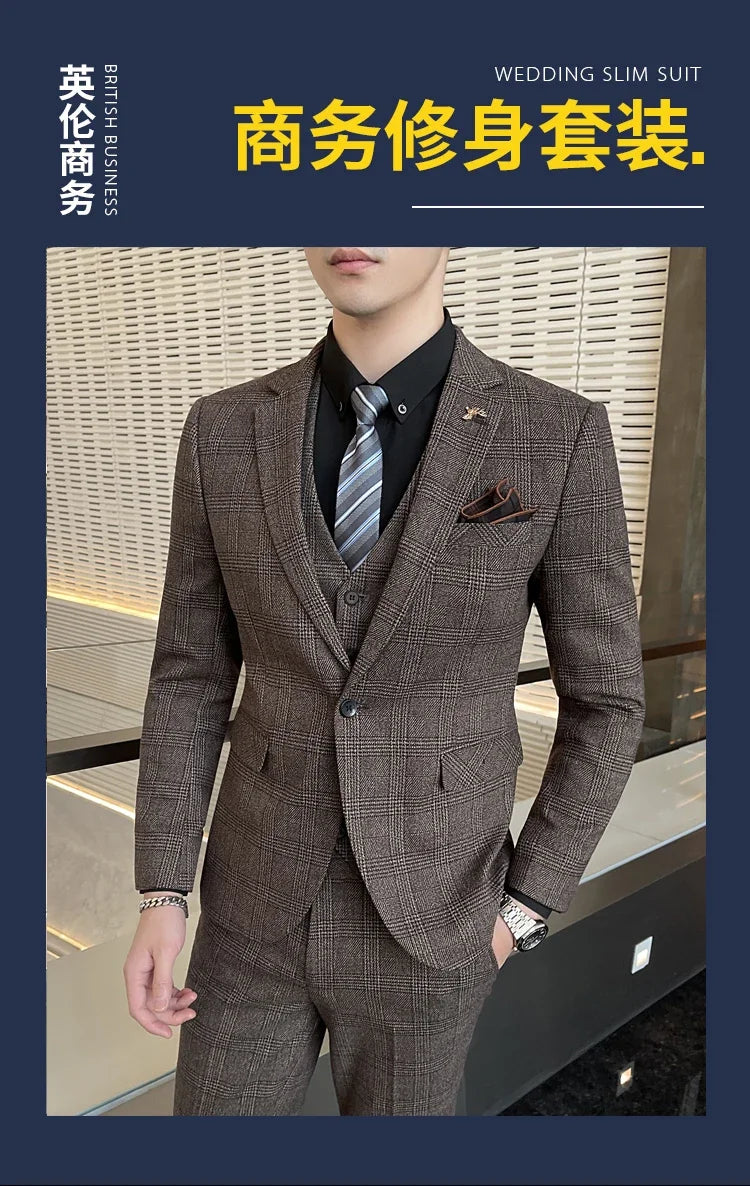 Checkered Suit (Blazer+Vest+Pants) Men's Fashion Hosting Work Business Wedding Casual Linen Art Style Elegant Gentleman's Suit