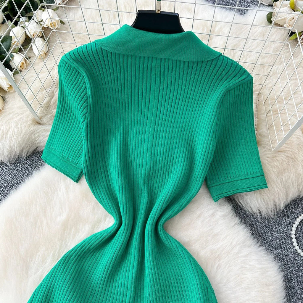Chic Fashion Elegant Patchwork Knitted Maxi Dress 2025 Summer Lady Turn-down Collar Shirt Sweater Dress Party Vestidos