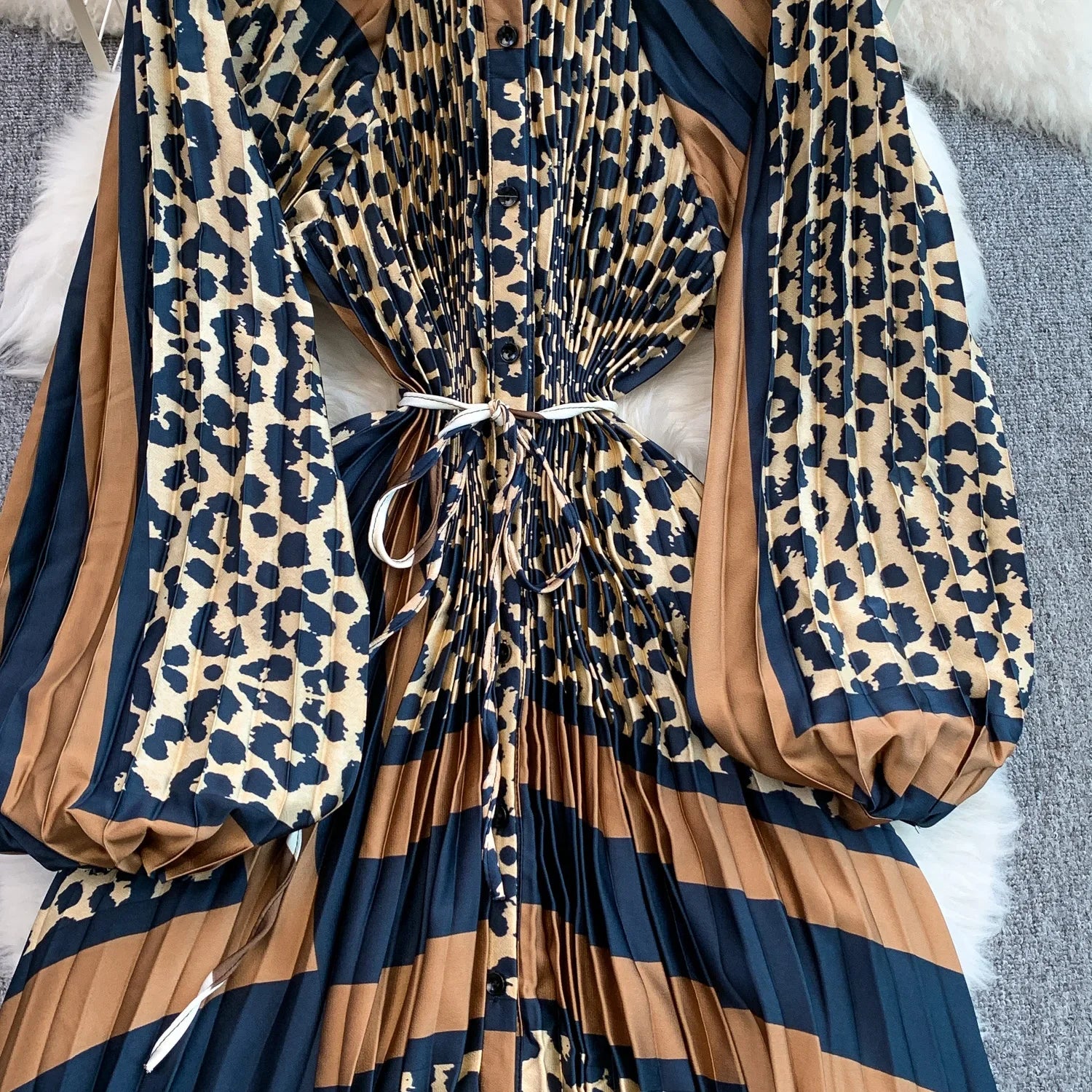 Printed round Ne Lantern Sve Dr Women's Single Button Waist Cinch Maxi Skirt Long Dr Commute Sle Autumn