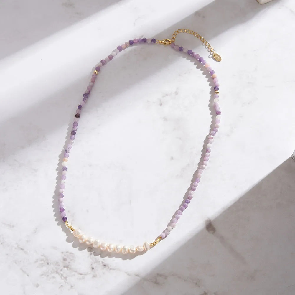 Natural Stone Beaded Purple Mica&Freshwater Pearls Round Shape Necklace 925 Silver for Women Choker Wholesale MPN04