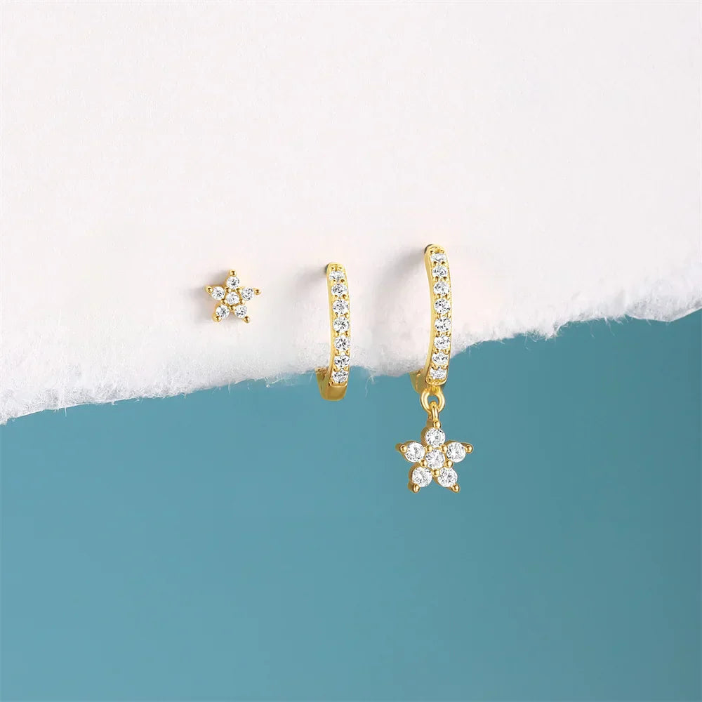 925 Sterling Silver WaterDrop/Flower/Pearl Earring Set For Women 18k Gold Plated 3 piece Earring Party Jewelry Gifts