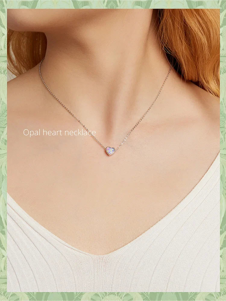 Genuine 925 Sterling Silver Opal Heart Pendant Necklace for Women Fine Jewelry Anniversary Gift