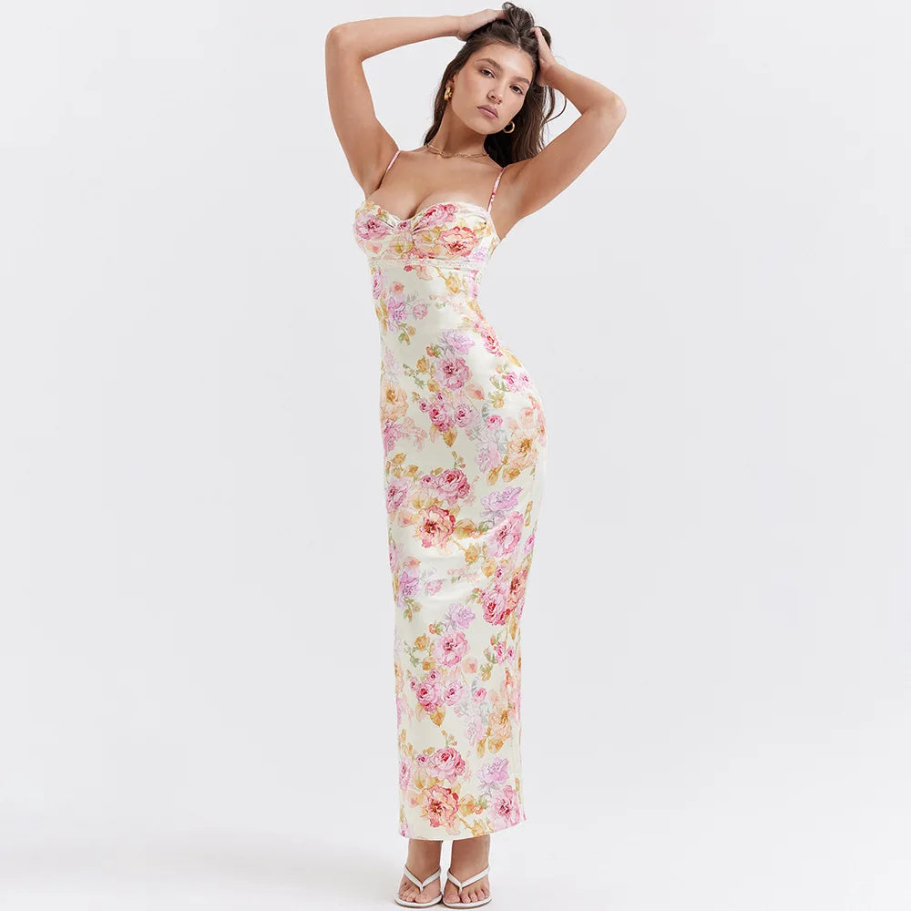 Summer Spaghetti Strap Floral Print Party Dresses Elegant Maxi Bodycon Wedding Guest Holiday Dress New In Dress 2023