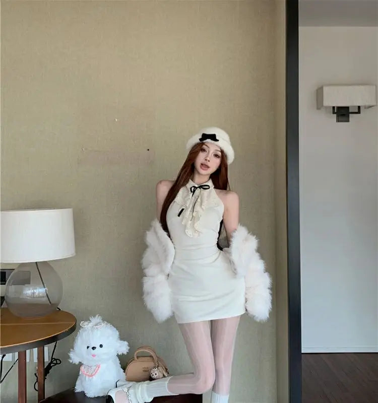 Kimotimo Hotsweet Y2k Dress Women Lace Splicing Bow Halter Waist Slim Fit Hip Mini Dresses Fashion Birthday Party Vestido Summer