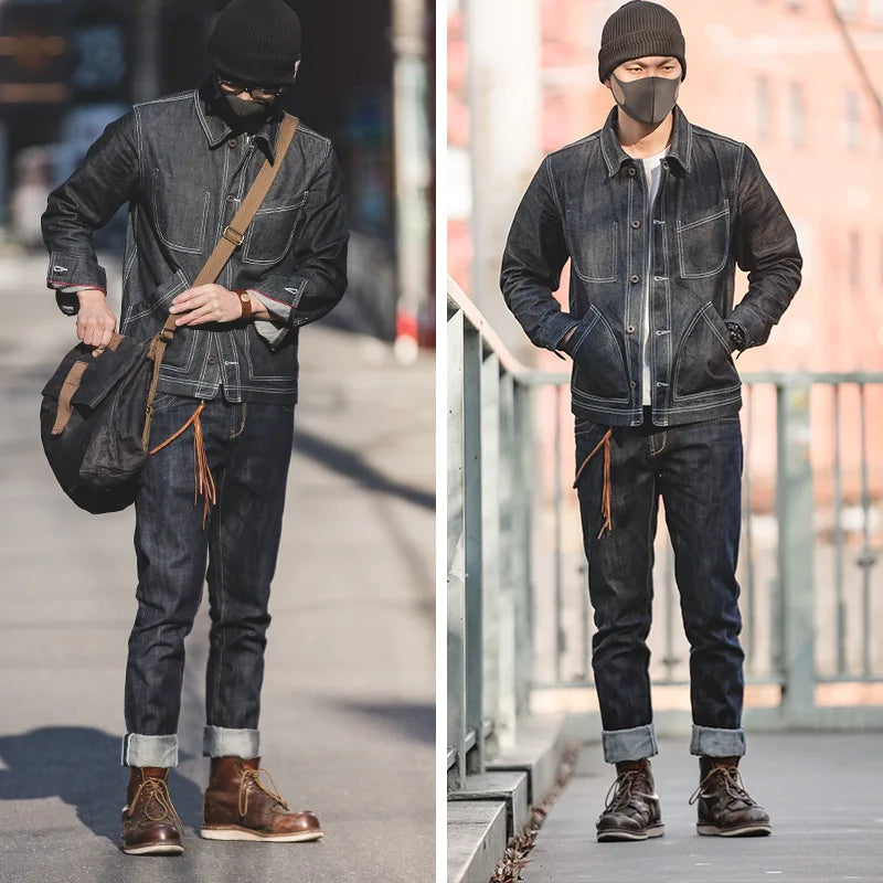 Men's Workwear Vintage Straight Barrel Denim Red Ear Original Cow Dark Jeans