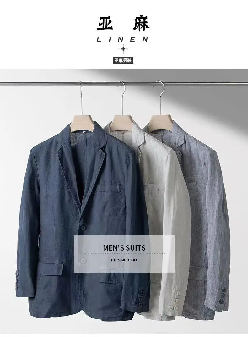 2025 Summer New Men's Linen Casual Suit Coat Solid Color Lightweight Breathable Luxury Cotton Hemp Top 100% Linen Fabric