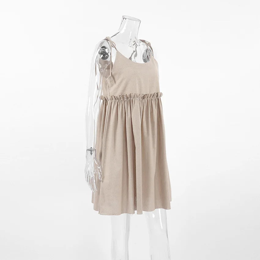 Women's Cotton Linen Spaghetti Strap Mini Dress Summer Loose A-Line Beach Vacation Dress Female Fashion Streetwear Dress