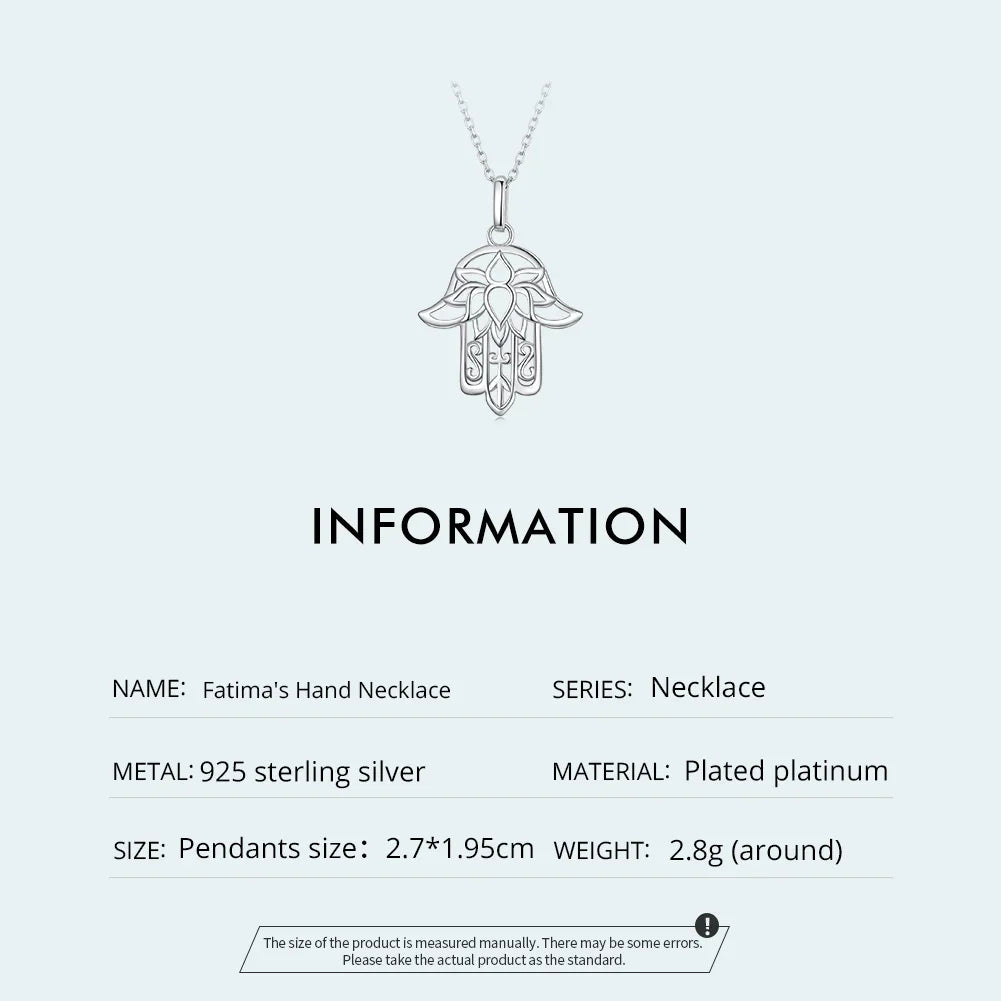 925 Sterling Silver Guardian Fatima's Hand Pendant Necklace Flower Pattern Neck Chian for Women Platinum Plated SCN490