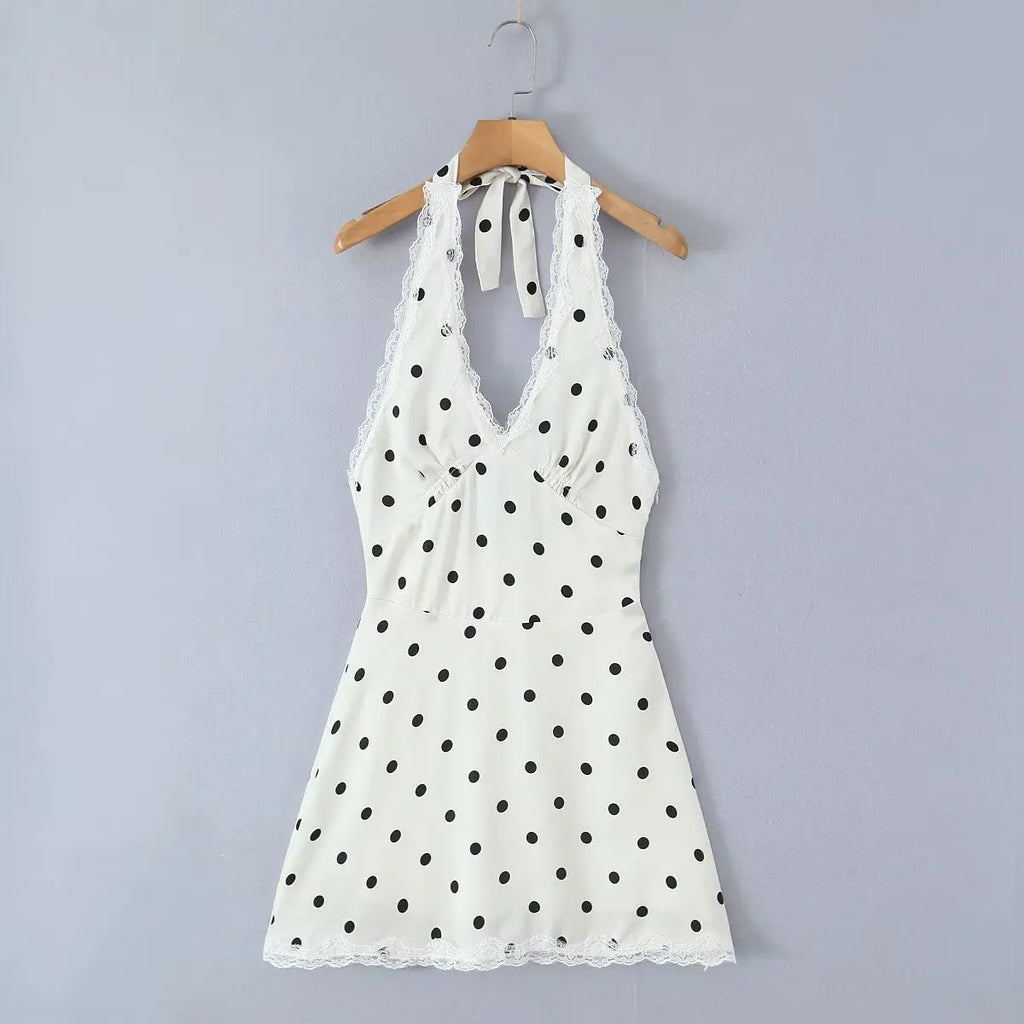 Lace Spliced Polka Dot Halter Dress Women Elegant A-line Mini Sexy Backless Dresses Summer Robe 2025
