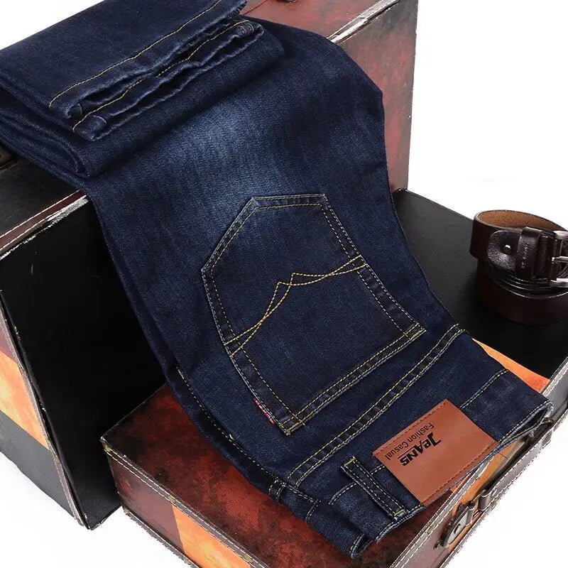 New style jeans, men's slim fit, Korean style comfortable straight leg elastic gray mid waist pants, men's casual denim pants