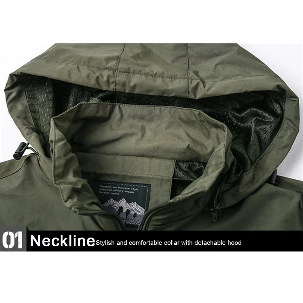 Windbreaker Men Tactical Jacket Waterproof Outdoor Hooded Coat Sports Military Field Climbing Thin Outwear Streetwear Coat