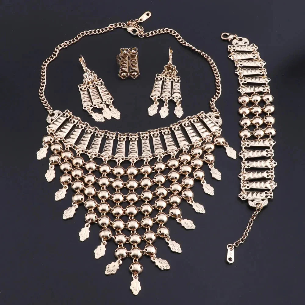 New Tassels Silver Plated Necklace Earrings Bracelet Ring Set for Women Bridal Chains Ethinc Wedding Jewelry Bride Gifts