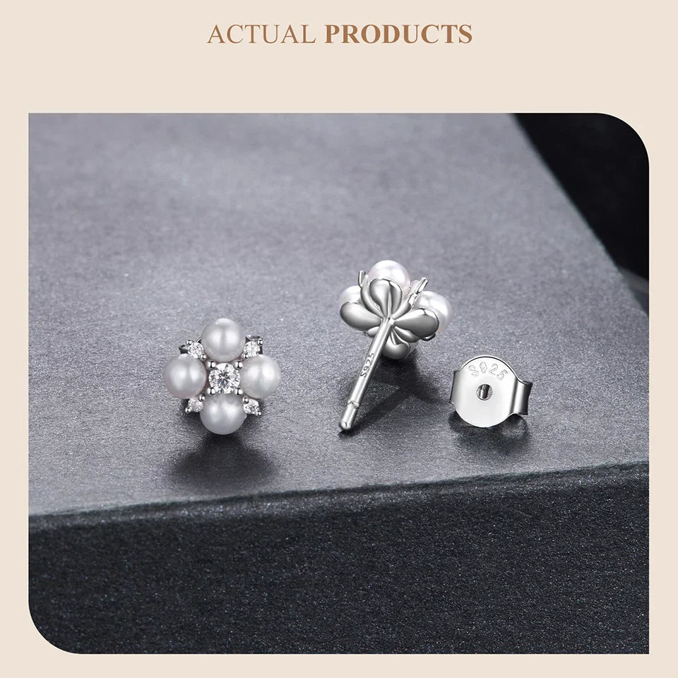 Four-leaf Clover Moissanite Earrings, Natural Freshwater Pearls Round Cut Lab Created Diamond Wedding Stud Earrings S925