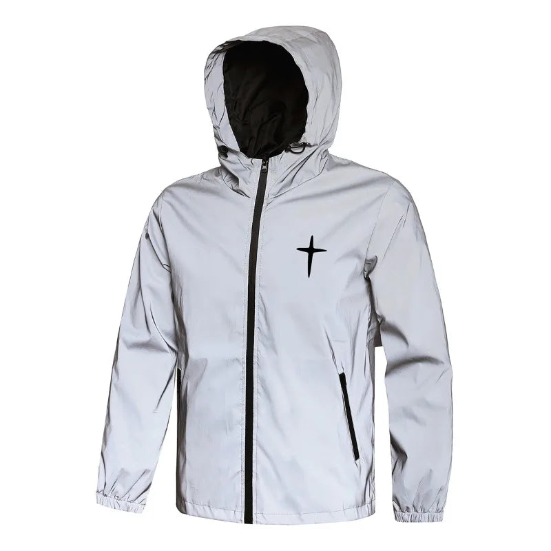 Men's Night Reflective Jacket Fashion Cross Printed Windproof Hooded Coats Streetwear Outdoor Cycling Jogger Safety Outerwear