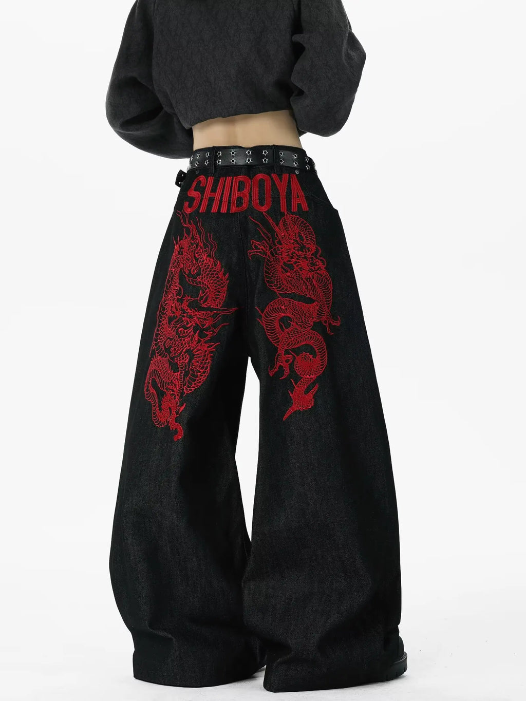 American retro embroidered pattern hip-hop jeans suitable for both men and women Y2K street cool floor length wide leg pants
