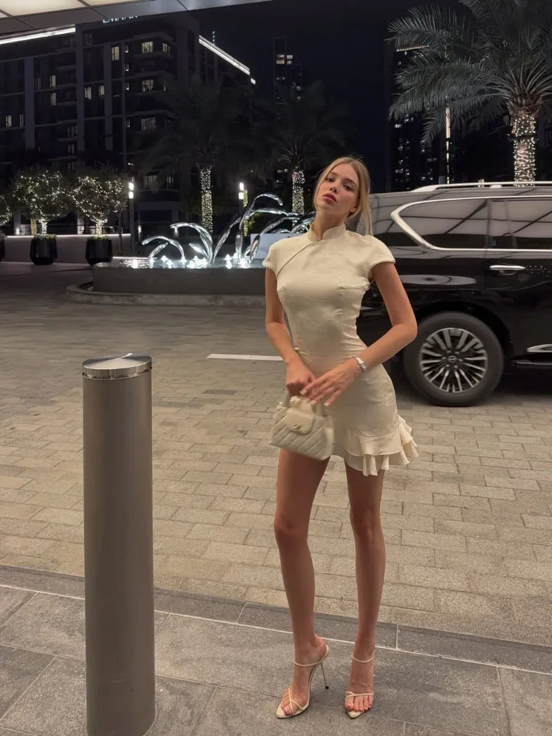 Trendix Women's Elegant Satin Evening Dress Fashion Stand Neck High Waist Slim Mini Dresses Party Sexy Short Sleeve Ruffle Dress