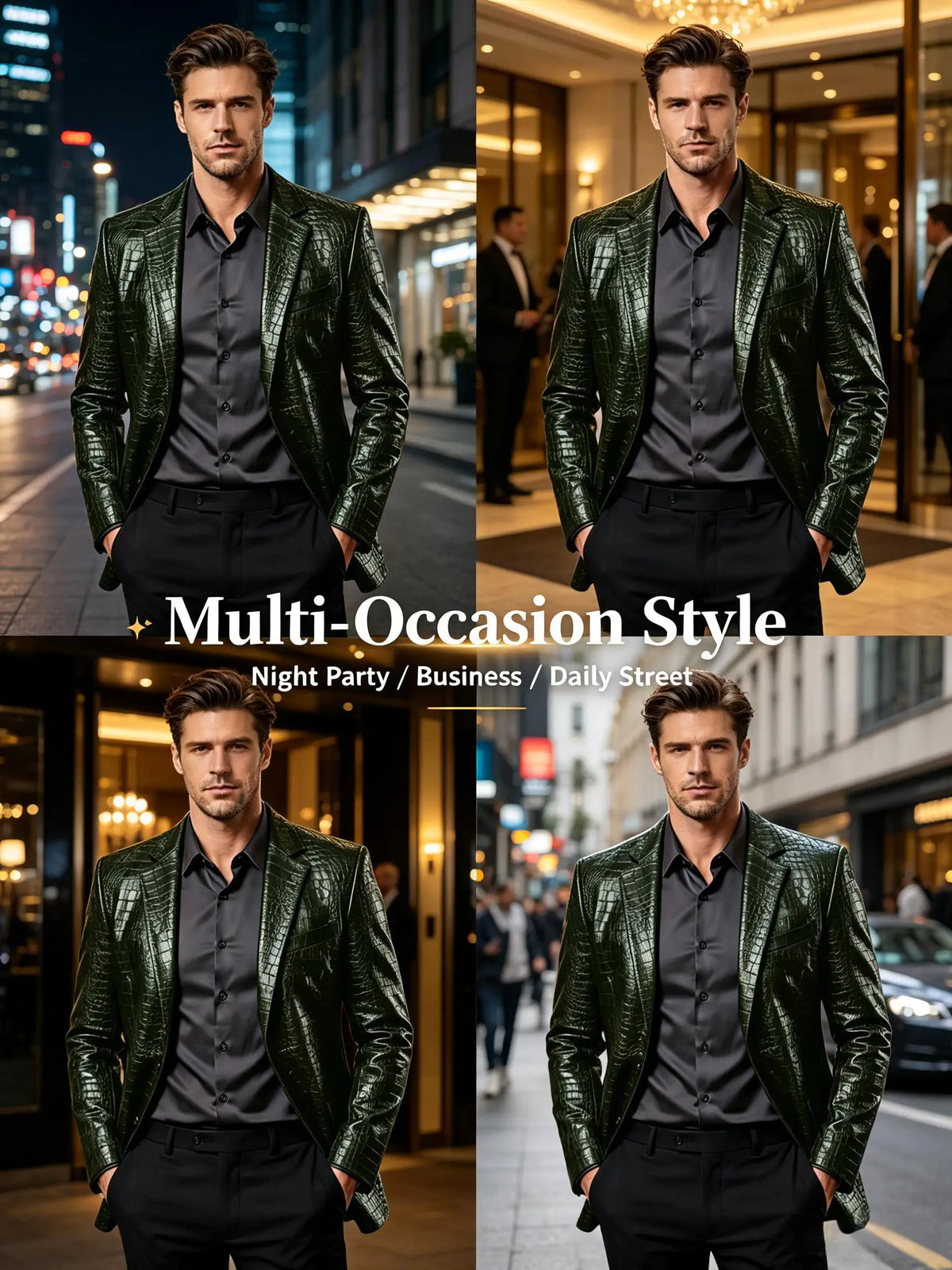 Men Crocodile Texture Leather Blazer Notched Lapel Slim Fit Single Breasted Suit Jacket Nightclub Party Business Outer Coat