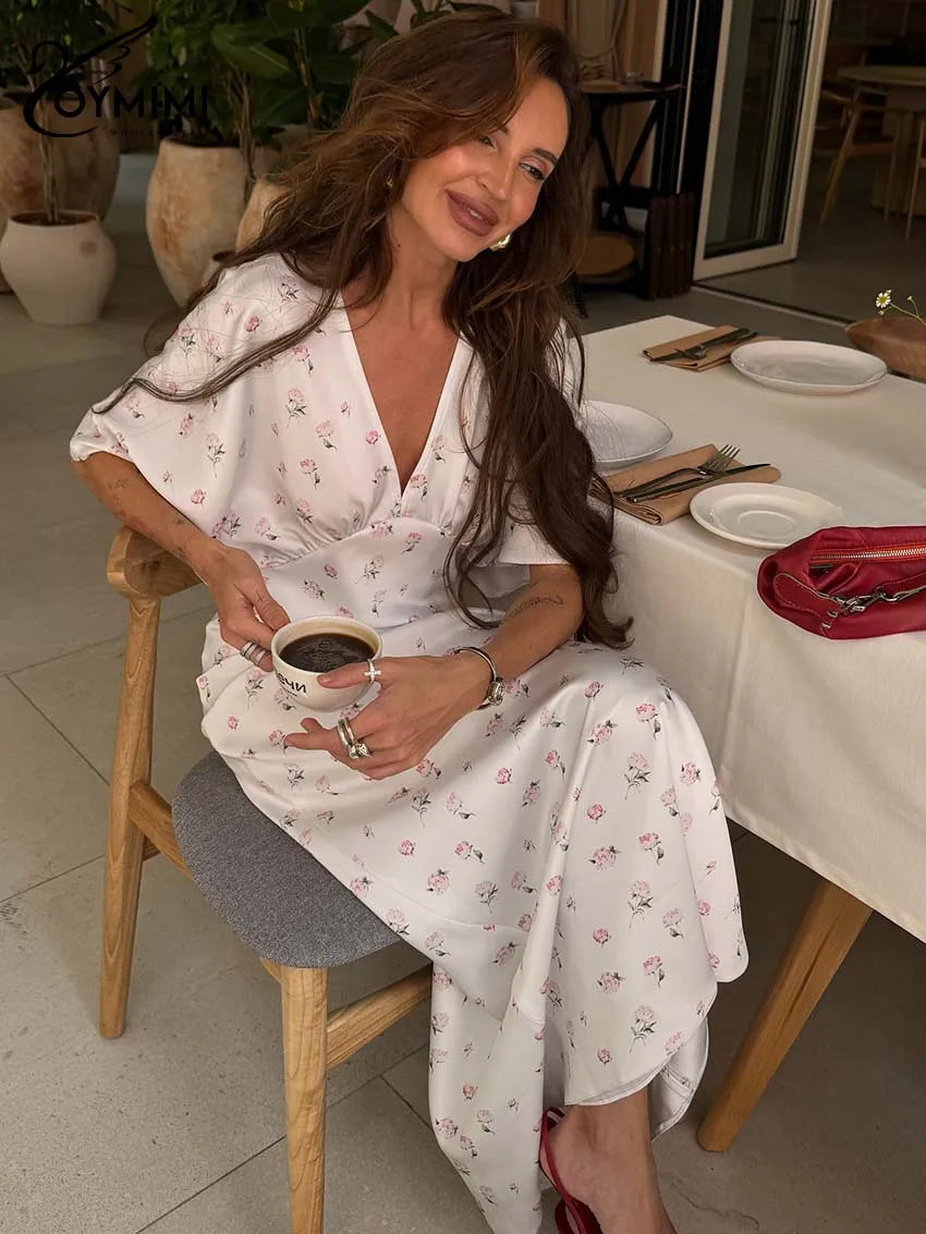 Casual White Print Dresses For Woman Fashion V-Neck Batwing Sleeve Dresses Elegant Straight Floor-Length Dress Streetwear