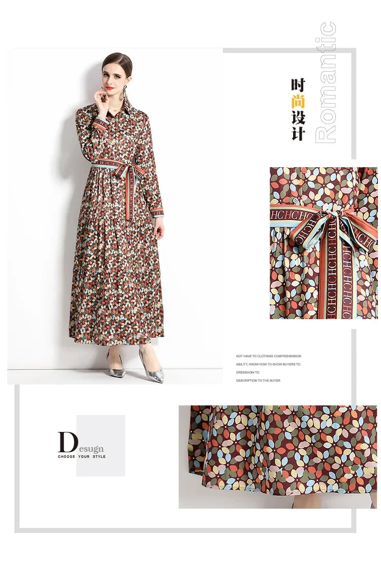 2024 Autumn New Women's European and American Versatile Waist and Slimming Letter Positioning Printed Dress A-line Long Dress