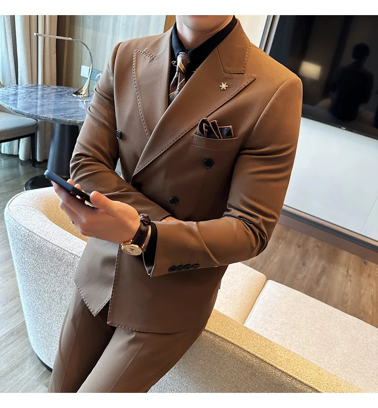 (جاكيتات + بناطيل) بدلة فاخرة بتصميم صفين من الأزرار بقصة ضيقة عالية الجودة للرجال بدلة زفاف رسمية توكسيدو طقم من قطعتين