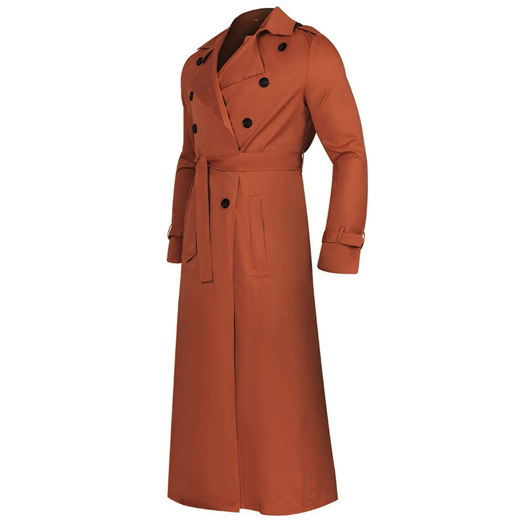 Men'S Windbreaker Spring Autumn Long-Slevee Extra Long Trench Coat Classic Trend Double Breasted Solid Color Temperament Trench