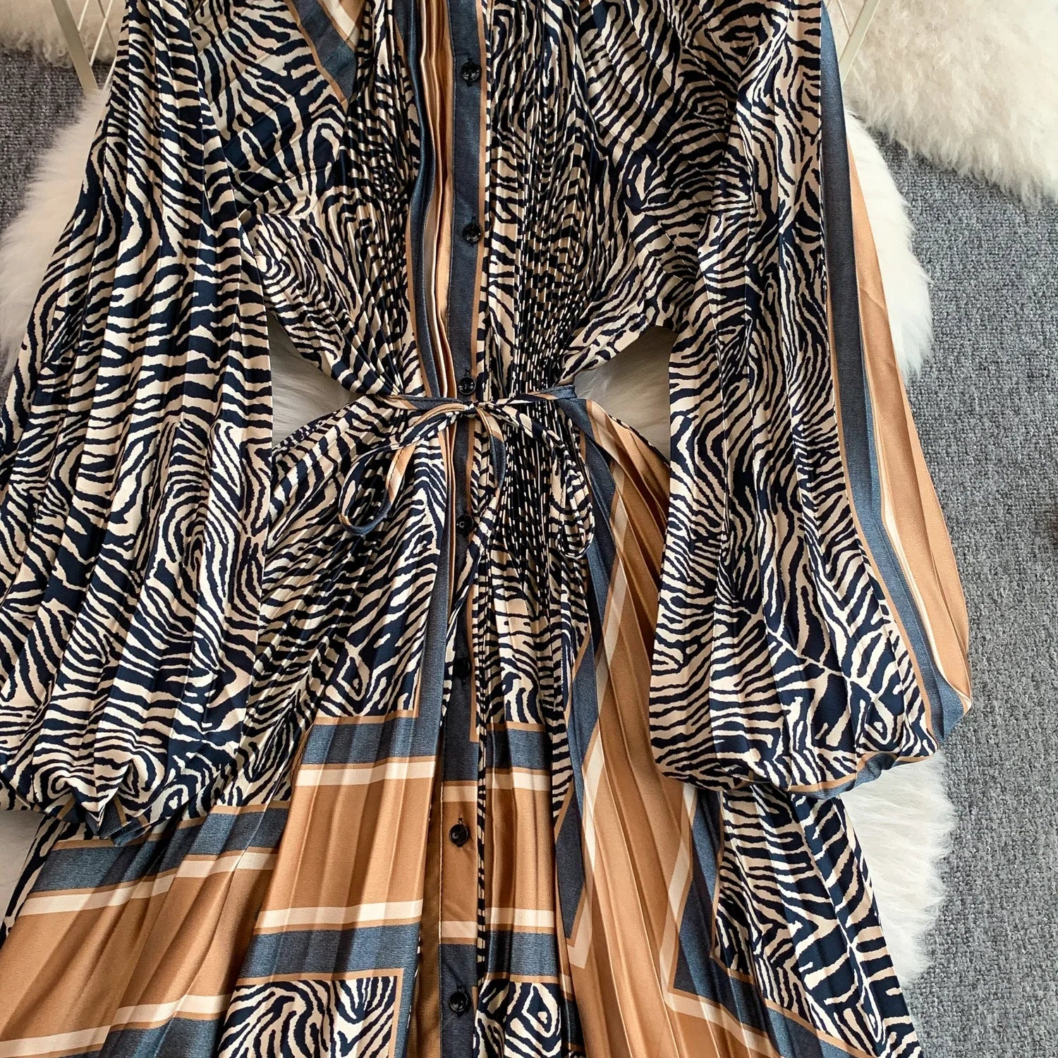Printed round Ne Lantern Sve Dr Women's Single Button Waist Cinch Maxi Skirt Long Dr Commute Sle Autumn