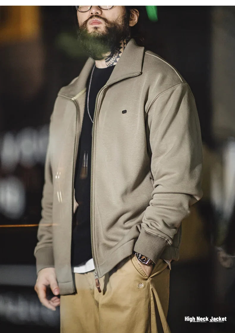 Men's High Neck Warm Jacket Polar Fleece Lining Thickened Coat Casual Sports Style Cardigan Sweater Vintage Tennis Jacket