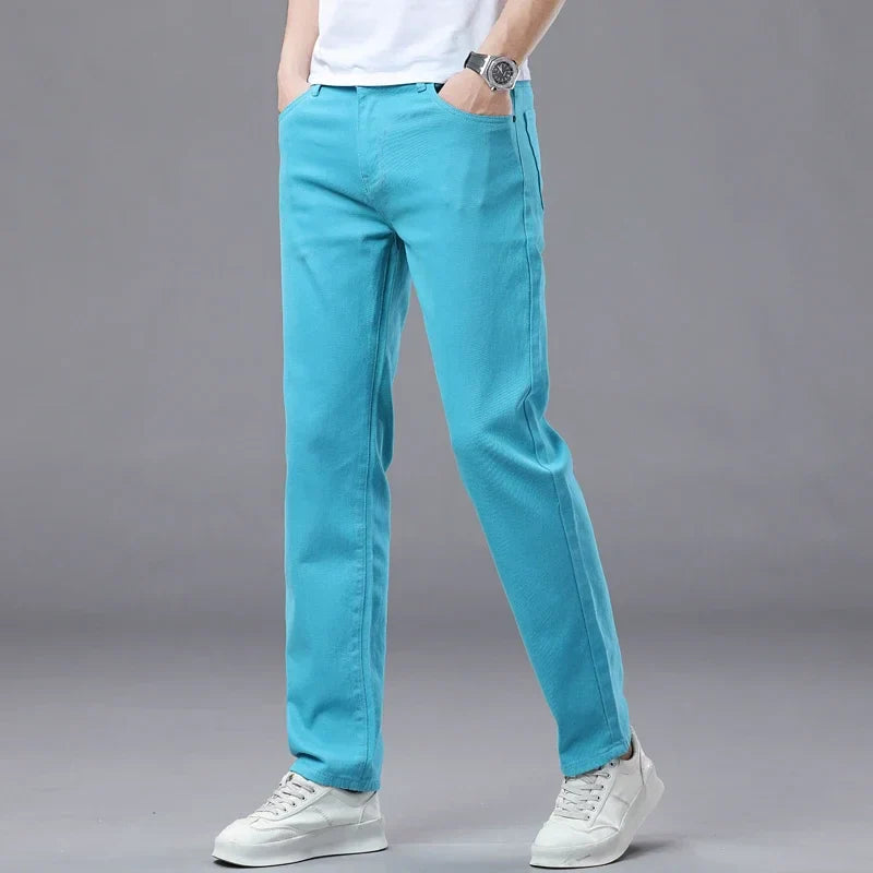 Slim Elastic Jeans Men's Colorful Fashion Korean Pants Spring Autumn Soft Comfortable Casual Straight Denim Trousers Streetwear