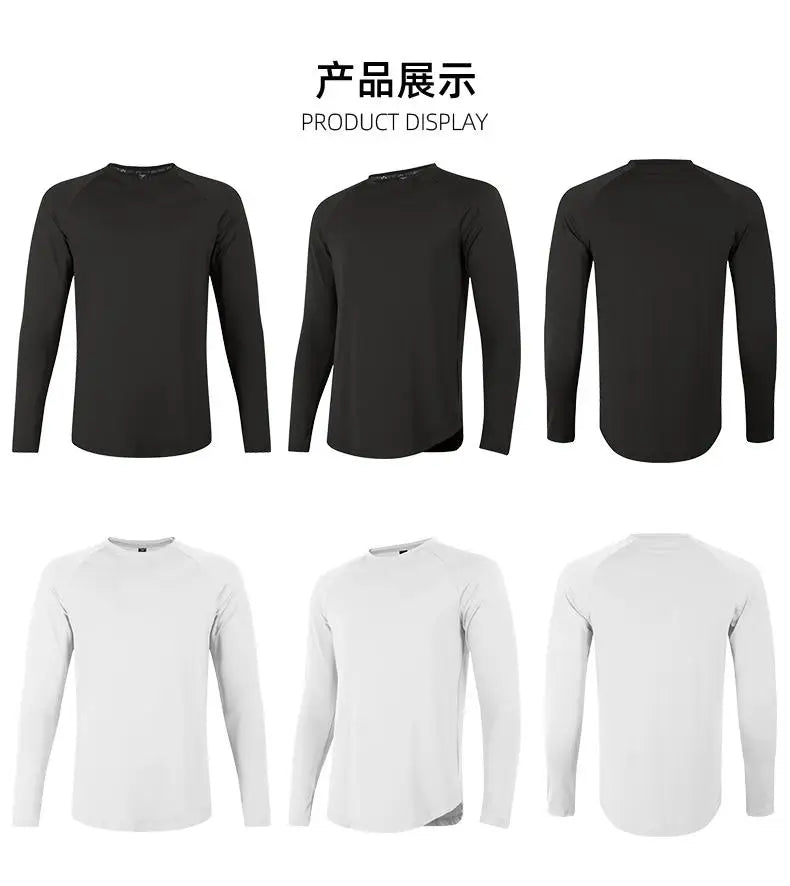 Sports Long-sleeved T-shirt Men Curved Hem Warm Gym Fitness Clothes Quick-drying Breathable Running Training Round Neck Top
