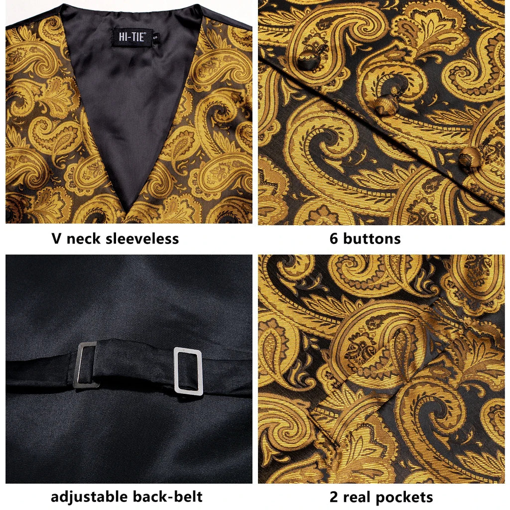 Silk Mens Waistcoat Tie Set Gold Brown Orange Beige Ivory Khaki Bronze Sleeveless Jacket Suit Vest Necktie Hanky Cufflink