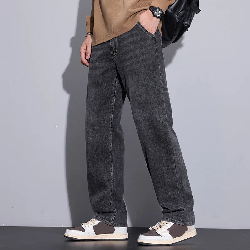 New Men's Micro Elastic Wide Leg Jeans American Retro Versatile Loose Fit Long Pants for All Seasons