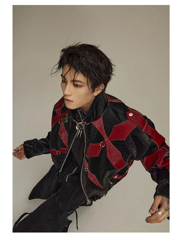 Spring Autumn Cool Handsome Crocodile Print Patchwork Pu Leather Jacket Men Color Block Luxury Designer Clothes 2024
