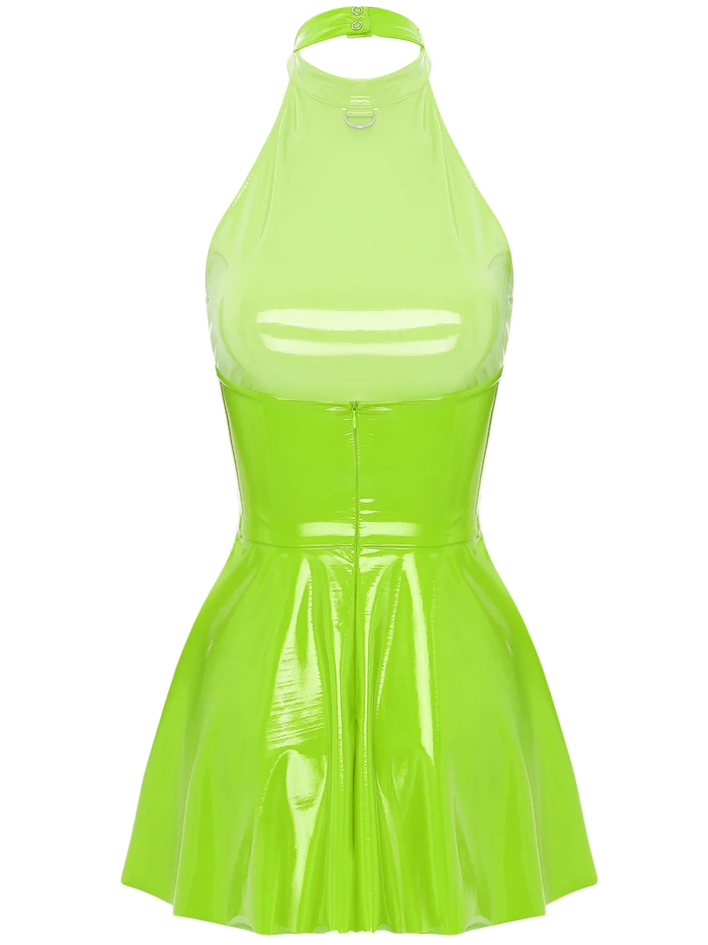 Womens Glossy Patent Leather Glossy Mini Skater Dress Halter Backless Bodycon Lingerie A-Line Dresses Rave Disco Party Clubwear