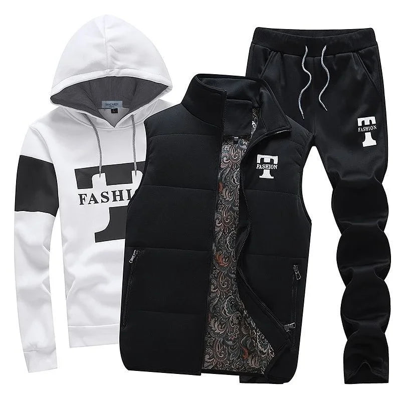 3 Pieces Set Hoodies+Vest+Pants Casual Track Suit Clothing Coats Winter Thick Warm Tracksuit for Couple Printed Mens Set Vest