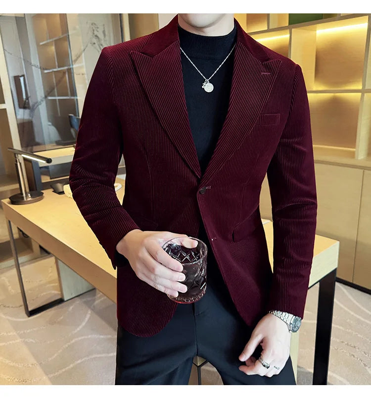 Corduroy Stripe Suit Jacket For Men Autumn Winter Business Slim Fit Tailcoat Formal Wedding Party Fashion Casual Suit Coat 4XL-M