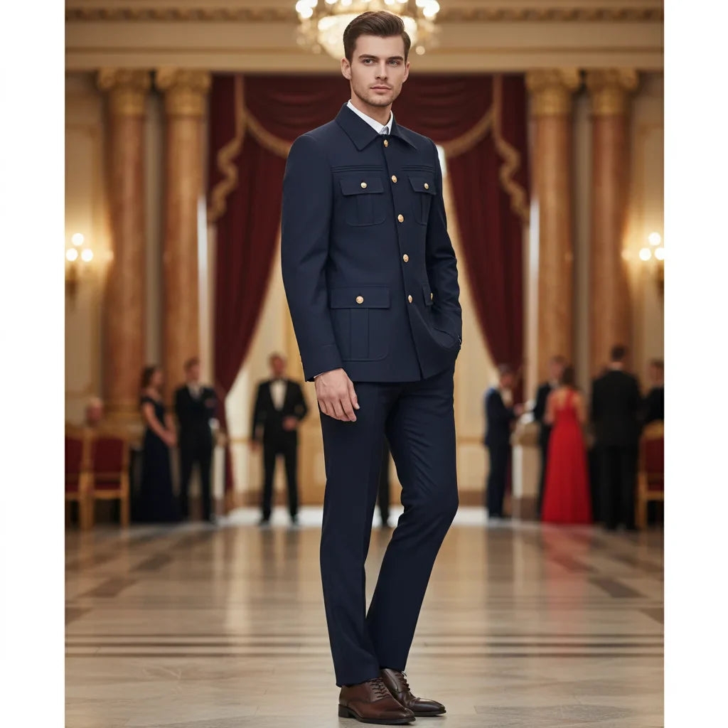 Two-piece dress black slim fit mens suits Classic Fit Multi Buckle Multi Pocket Solid Color Casual Business man blazer