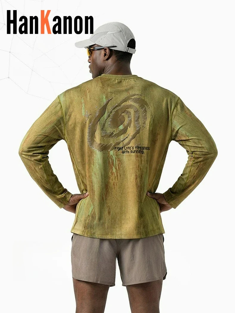 Men's Wasteland Style Long Sleeve T-Shirt - Distressed Digital Print & Loose Elastic Fit Casual Top Unisex