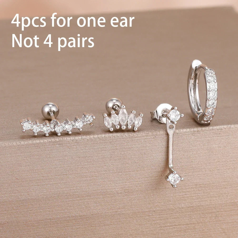 4PCS Stainless Steel Circle Huggie Hoop Earrings Set for Women Gold Color Unique Zircon Flower Stud Earring Piercing Jewelry