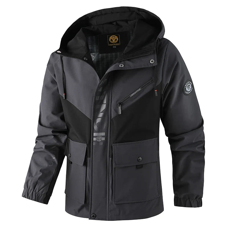 Oversized Color-Block Tactical Jacket - Waterproof, Brand Logo Multi-Pocket, Heavy-Duty for Outdoor Exploration & Daily Fashion