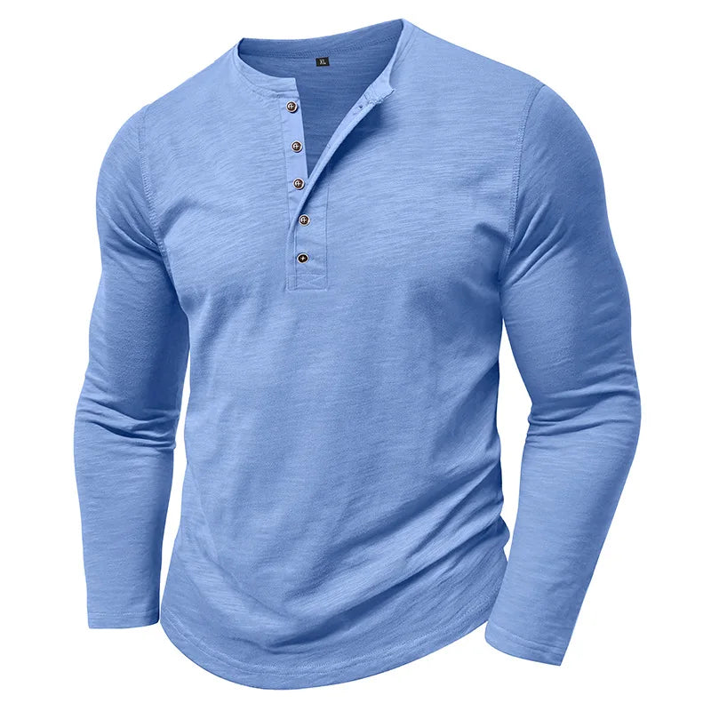 New Autumn Long Sleeve T-Shirt Mens Casual Solid Color Top Henley Neck Slim Versatile Work T-shirt Breathable Outdoor Thin Tee
