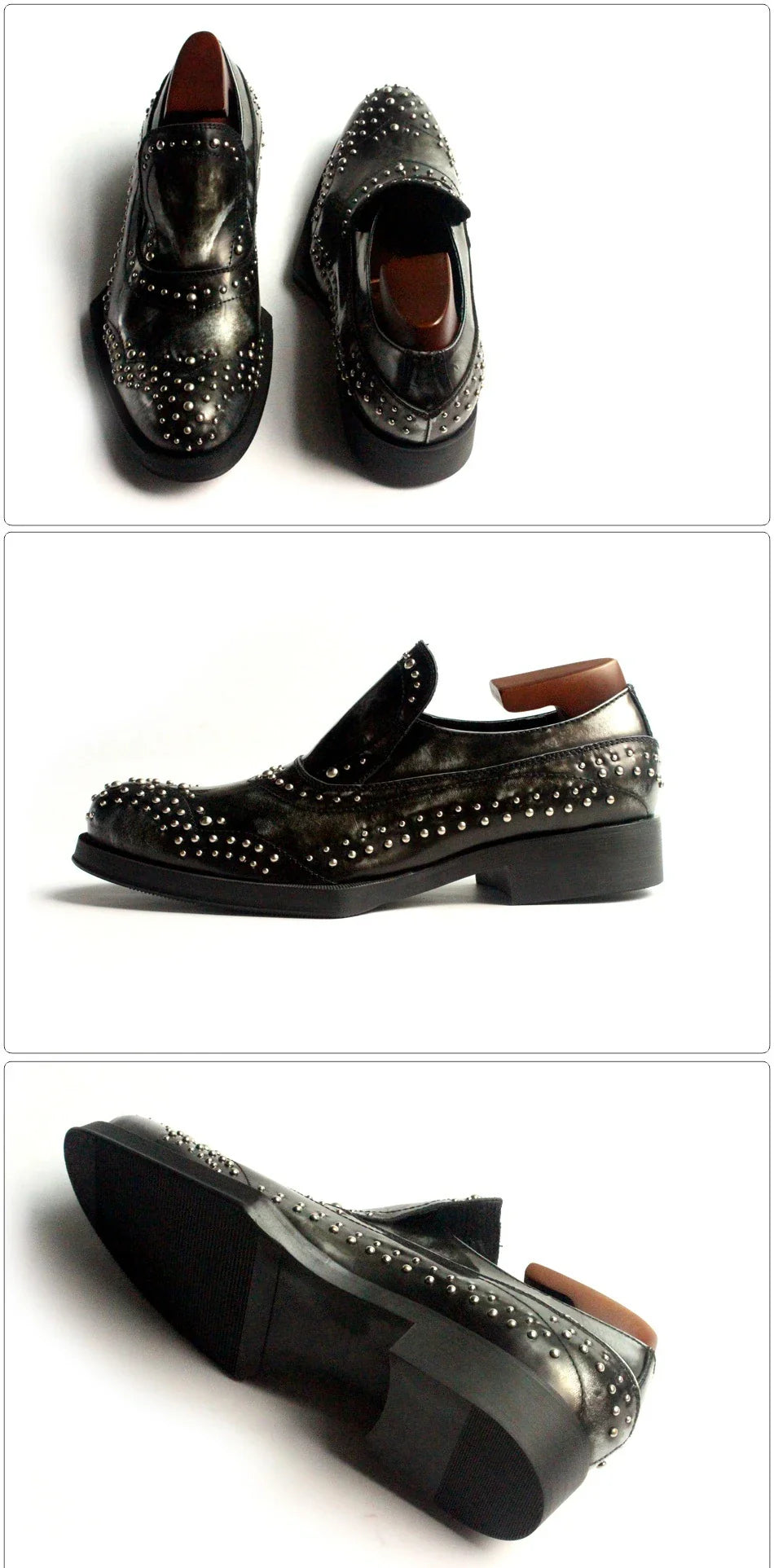 New Shaped Heel Fashion Rivets Leather Shoes Men Handmade Genuine Leather Dress Slip on Loafers Oxfords Office Male Shoes