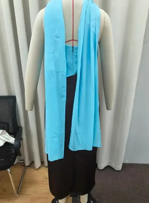 Fashion Color Block Spaghetti Strap Maxi Dress Women Elegant Halter Scarf  High Split Slim Vestidos 2026 New Daily Party Robes