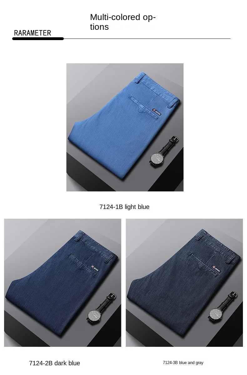 2026 Thin Stretch Denim Business Casual High Waist  High Lyocell  Men's Fit Straight Lightweight Cotton  Light Grey Jeans