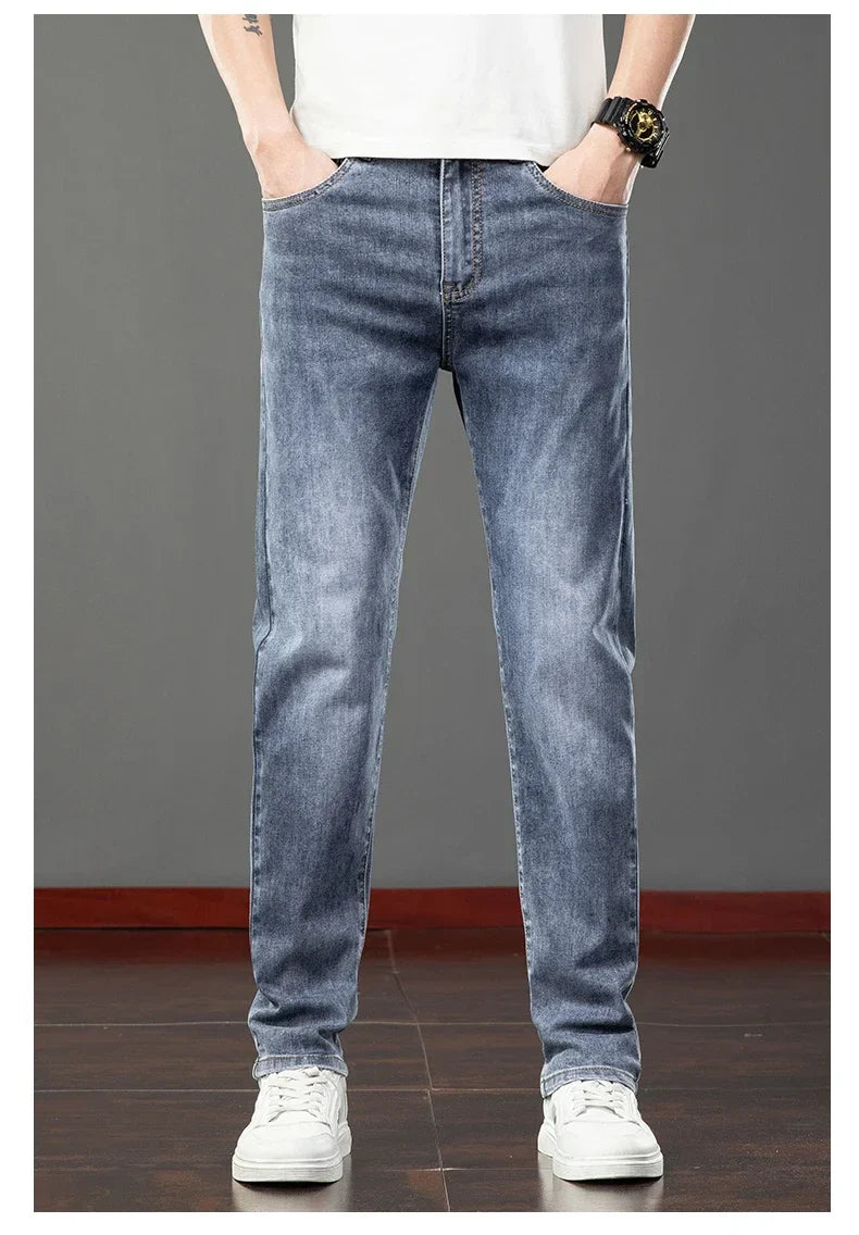 2026 Summer Men's Jeans Slim Fit Jeans Thin Stretch Straight Light Business Casual Denim Long Pants Male Classic Style Brand