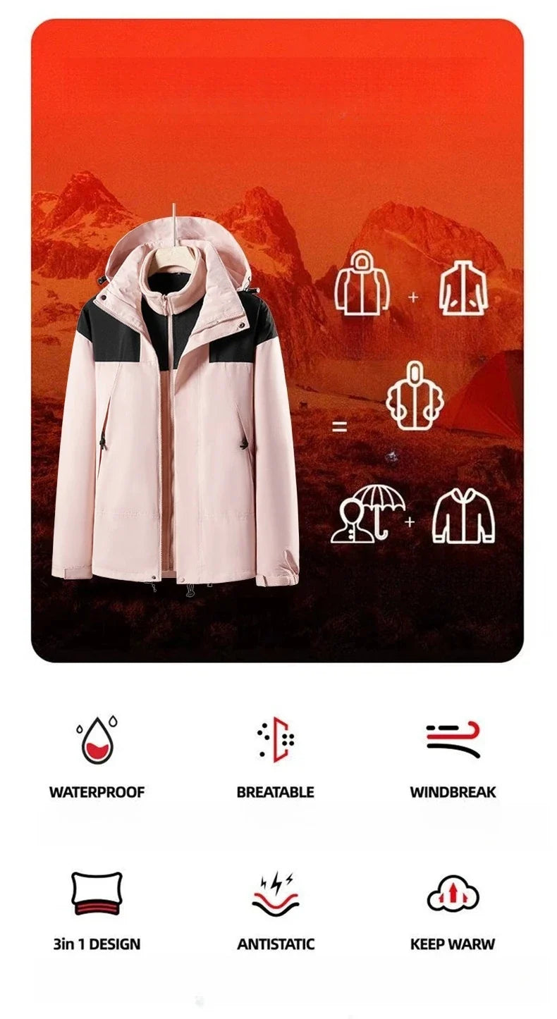 New Three-in-one Outdoor Jackets Simple Fashion Suitable Men Women Wear Waterproof Breathable Fabric Camping Skiing Warm Jacket