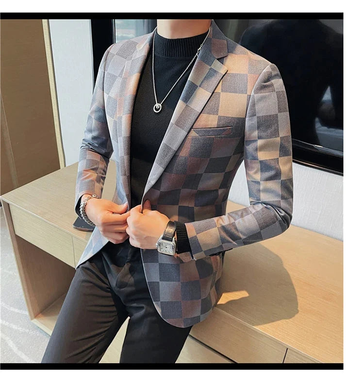 Brand Luxury Plaid Suit Jacket for Men 2023 Autumn Casual Blazer Masculino Fashion Slim Business Wedding Groom Social Dress Coat